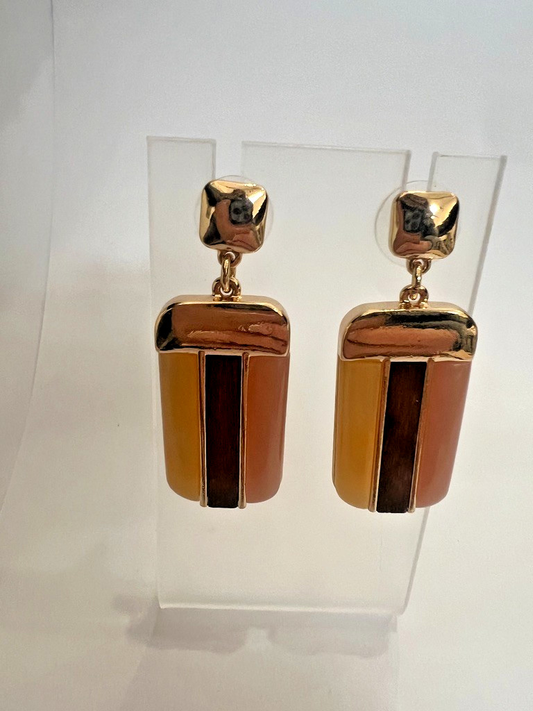 Uncas Int Gold Blush Amber Dangle Earrings Resin Wood Earth Tones 2” Vendor Smpl
