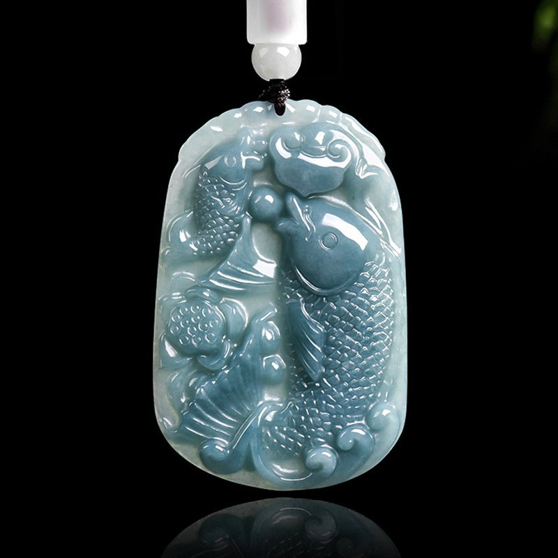 Certified Grade A Natural Jade Jadeite Carved Common Carp Lucky Pendant Necklace