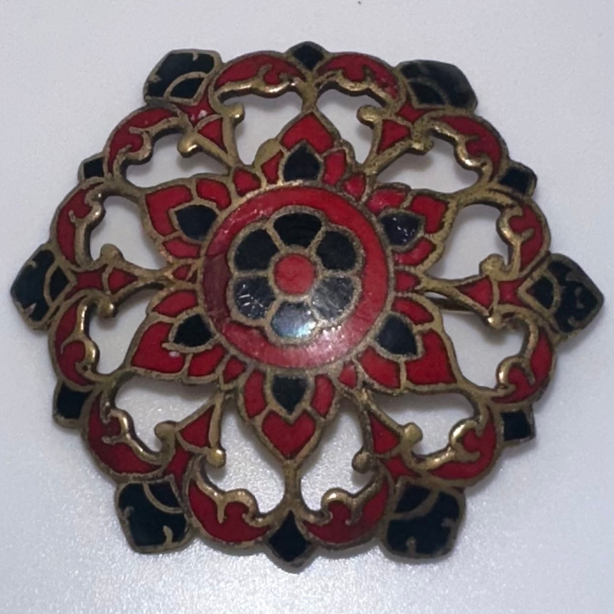 Antique 1890s Victorian French red black champlevé enamel openwork brass brooch