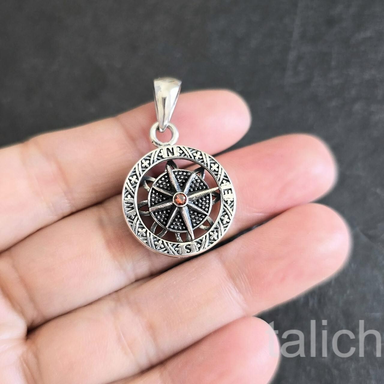 925 Sterling Silver Small Round Compass Pendant with Spin Star & Red CZ Unique
