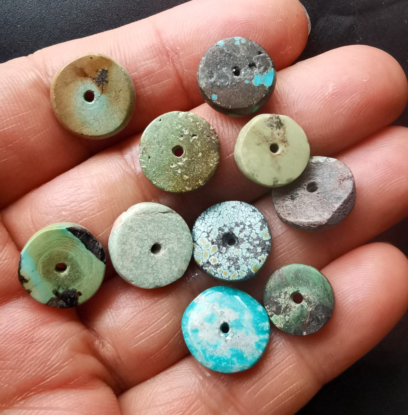 9.1g,10beads,coin Genuine natural brown blue Hubei Turquoise stone pendant loose