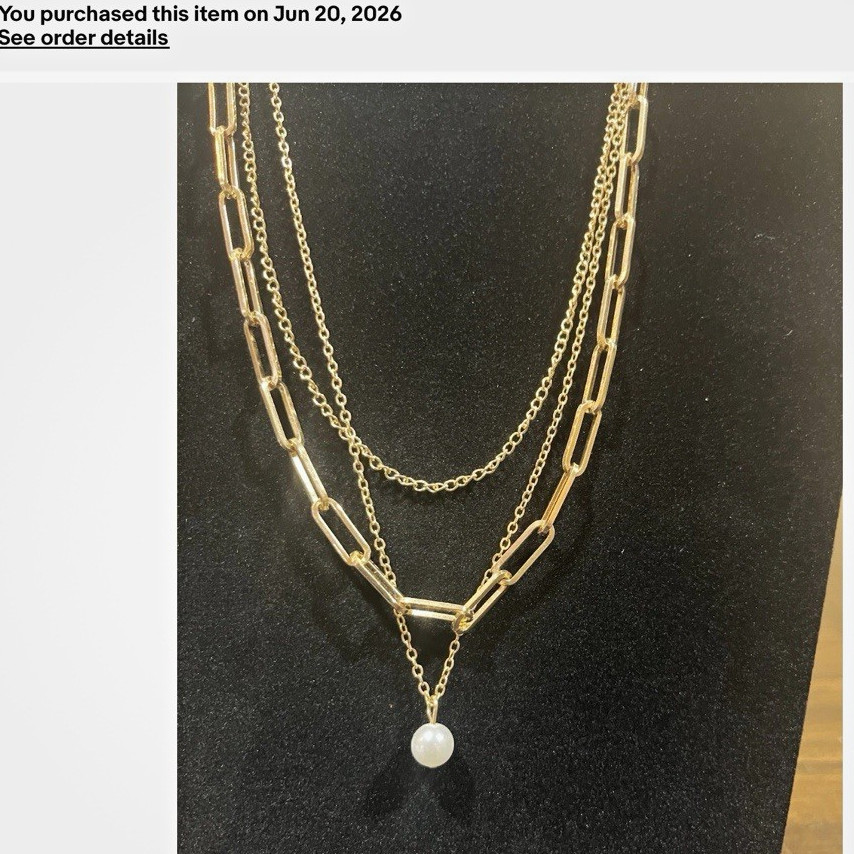 Gold Tone Layered Cable Chain Necklace Simulated White Pearl Charm Pendant 20″