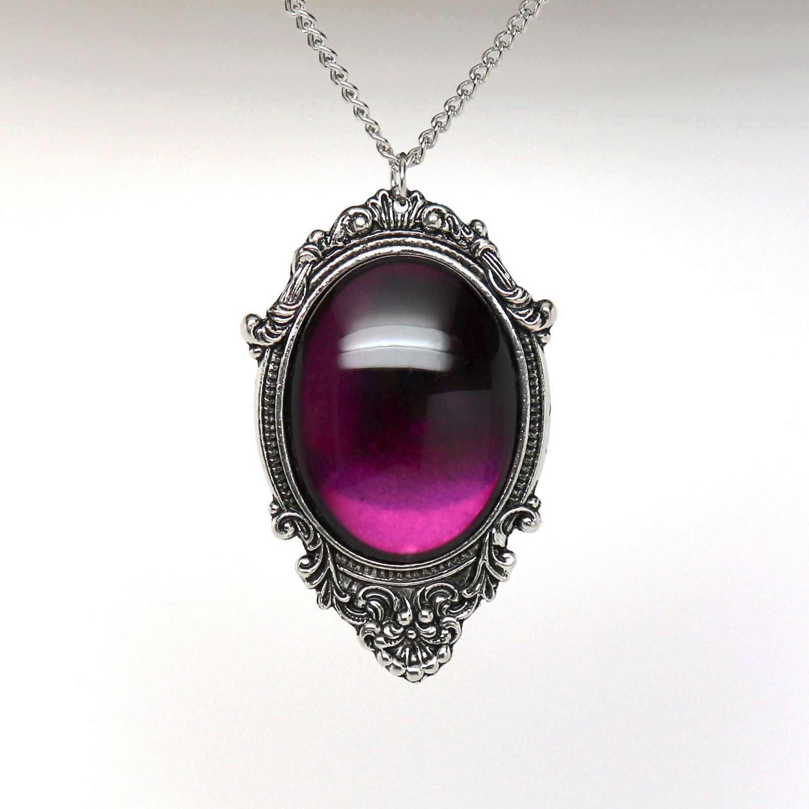 Purple Oval Stone in Silver Pewter Frame Pendant Necklace Jewelry NK-620P