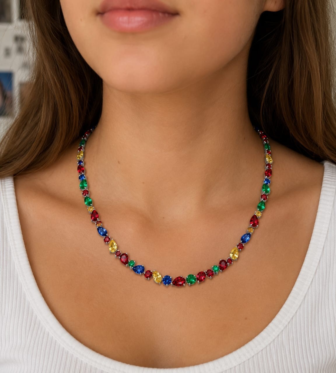 21ct Simulated Multi-Color Gemstones Women’s Tennis Necklace Yellow Gold Plated
