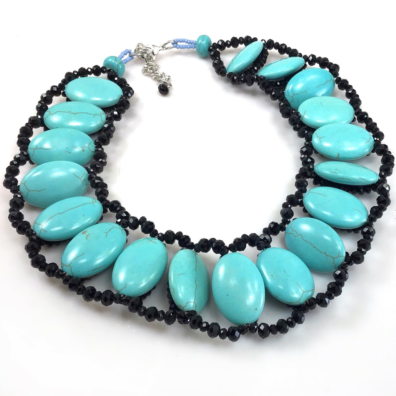 Magnesite Turquoise & Black Crystal Beads Necklace w/Silver Tone Clasp 18-20.5″
