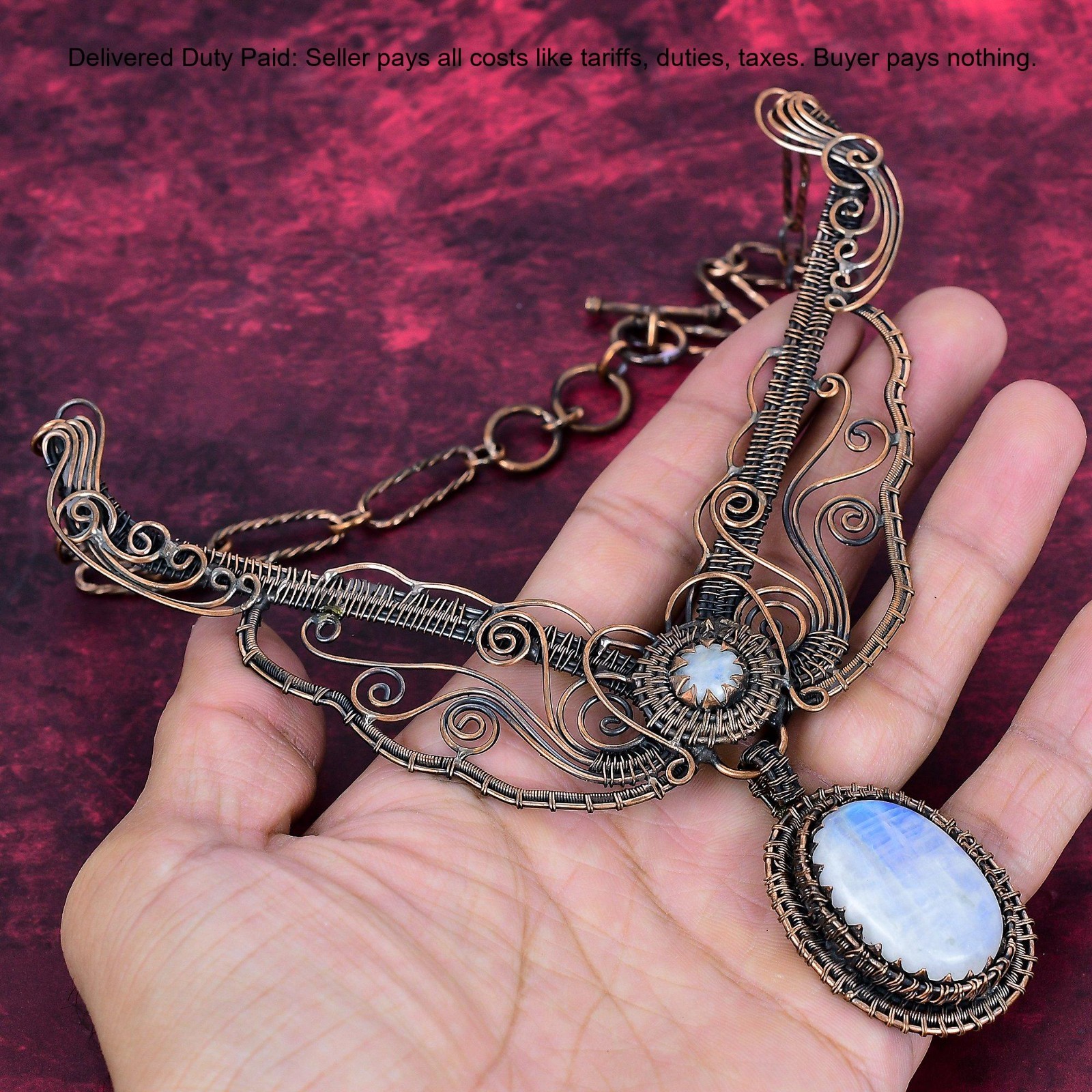 Rainbow Moonstone Necklace Adjustable Chain Necklace Copper Wire Wrapped Jewelry