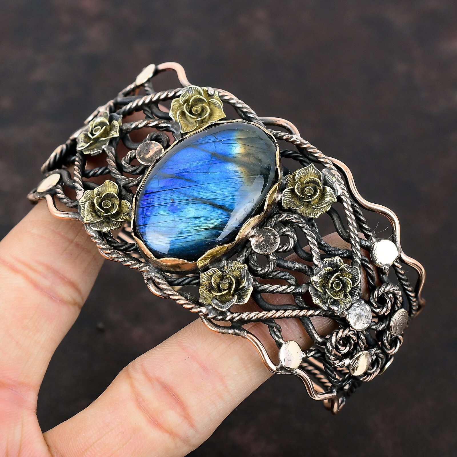 Labradorite Wire Wrapped Flower Adjustable Bangle Handcrafted Copper Partywear