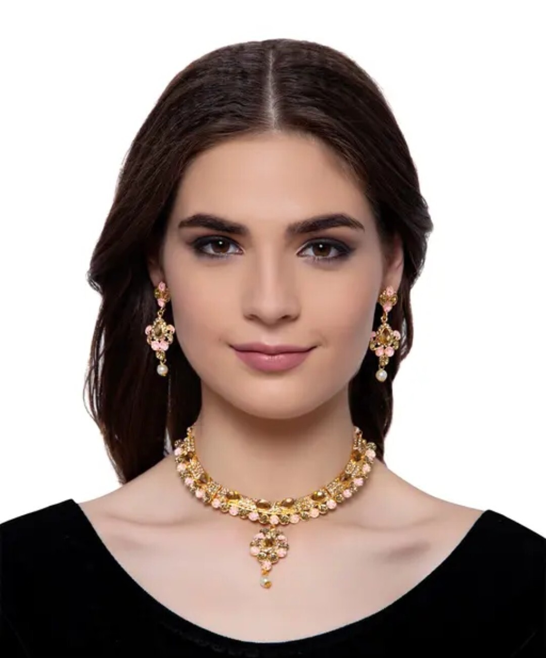 Traditional Enamel Stone Studded Gold Plated Pink jewelry set
