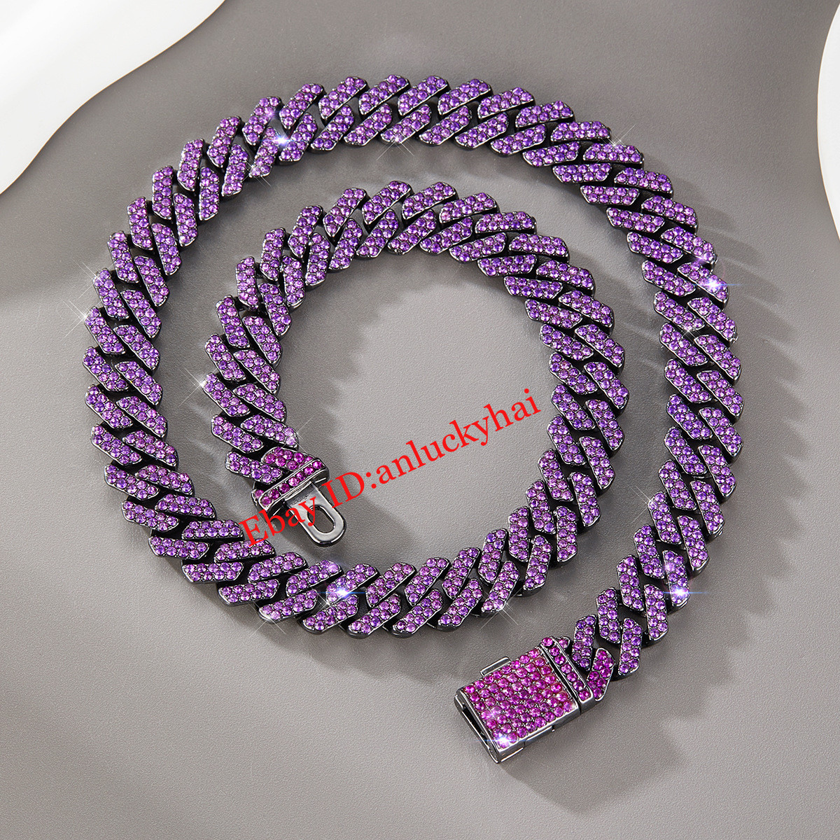 Cuban Chain Alloy Full Diamond Purple Hip Hop Bracelet Men’s Rap Cool Necklace