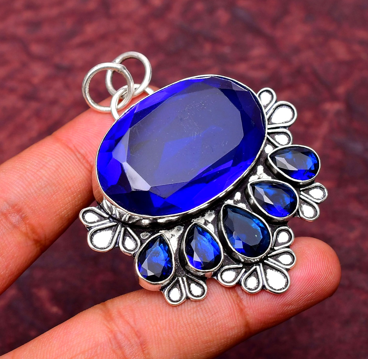 Blue Sapphire Gemstone 925 sterling silver Handmade Cross Pendant jewelry 2.16″