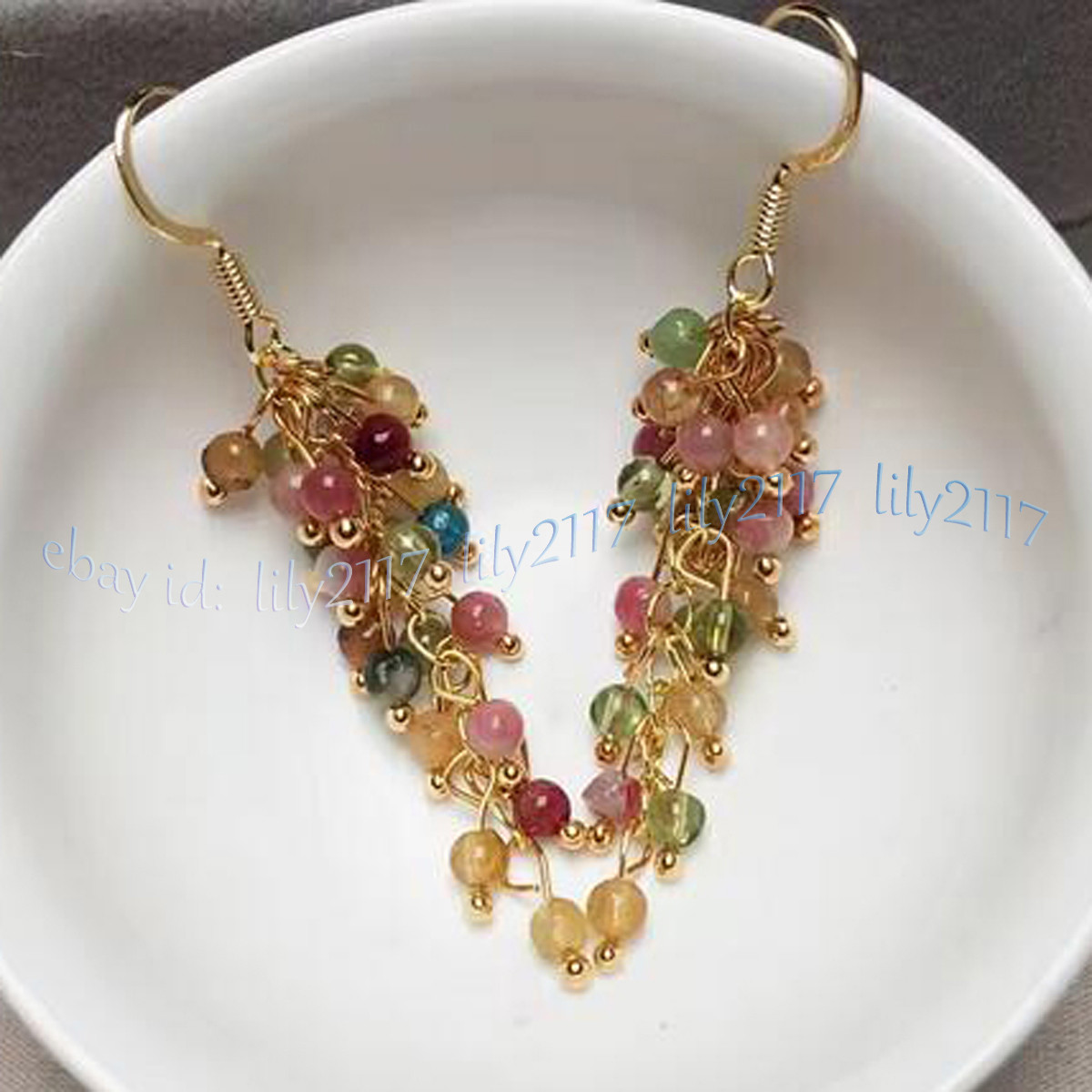 4mm Natural Multicolor Tourmaline Round Gemstone Beads Cluster Dangle Earrings