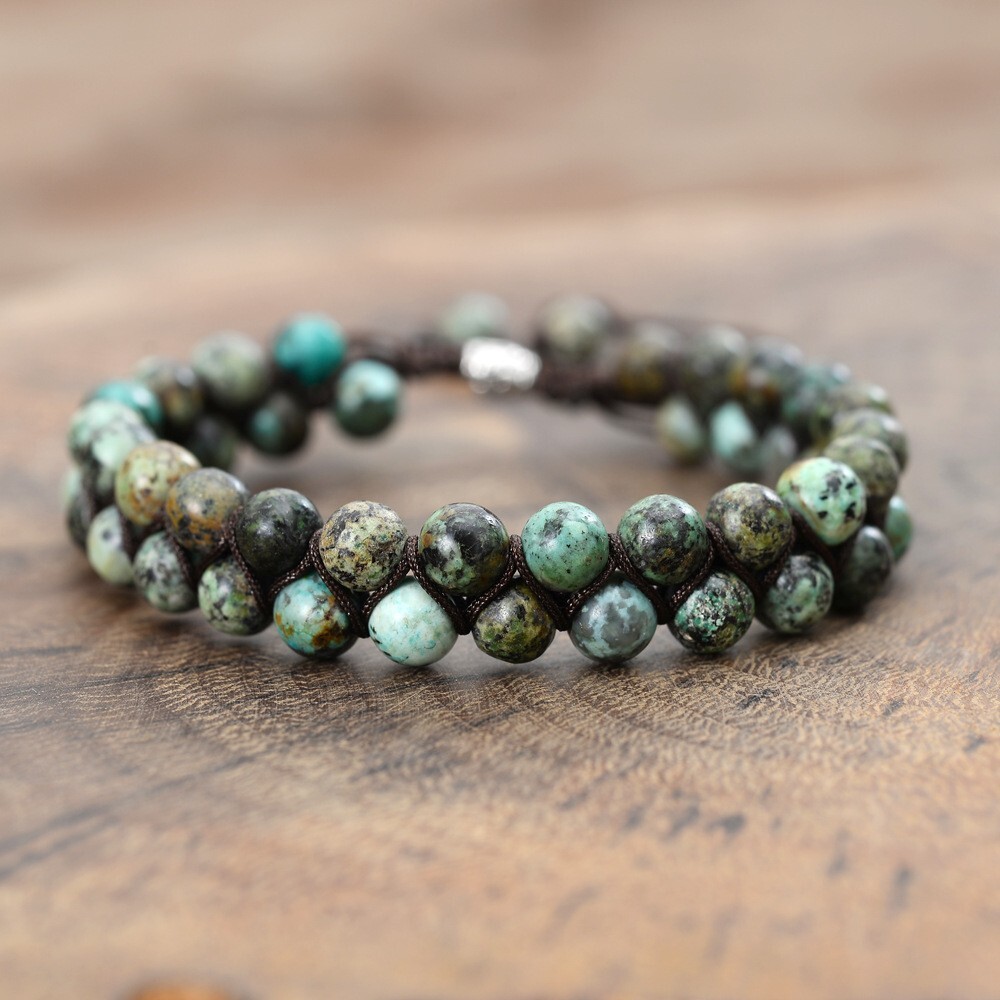 Handmade African Turquoise Double Braided Bracelet – 6mm Crystal Gemstone Bead