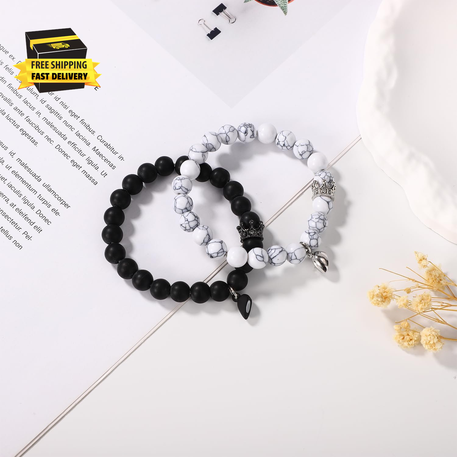 2Pcs Magnetic Couples Bracelets, Love Heart Matching Bracelet King & Queen Crown