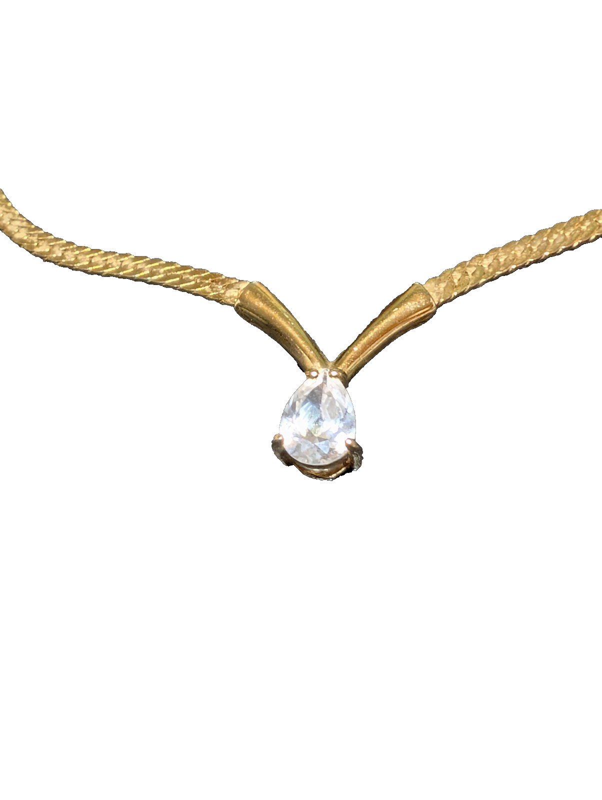 Vintage Gold Tone Herringbone Chevron V Necklace Teardrop Cubic Zirconia Crystal