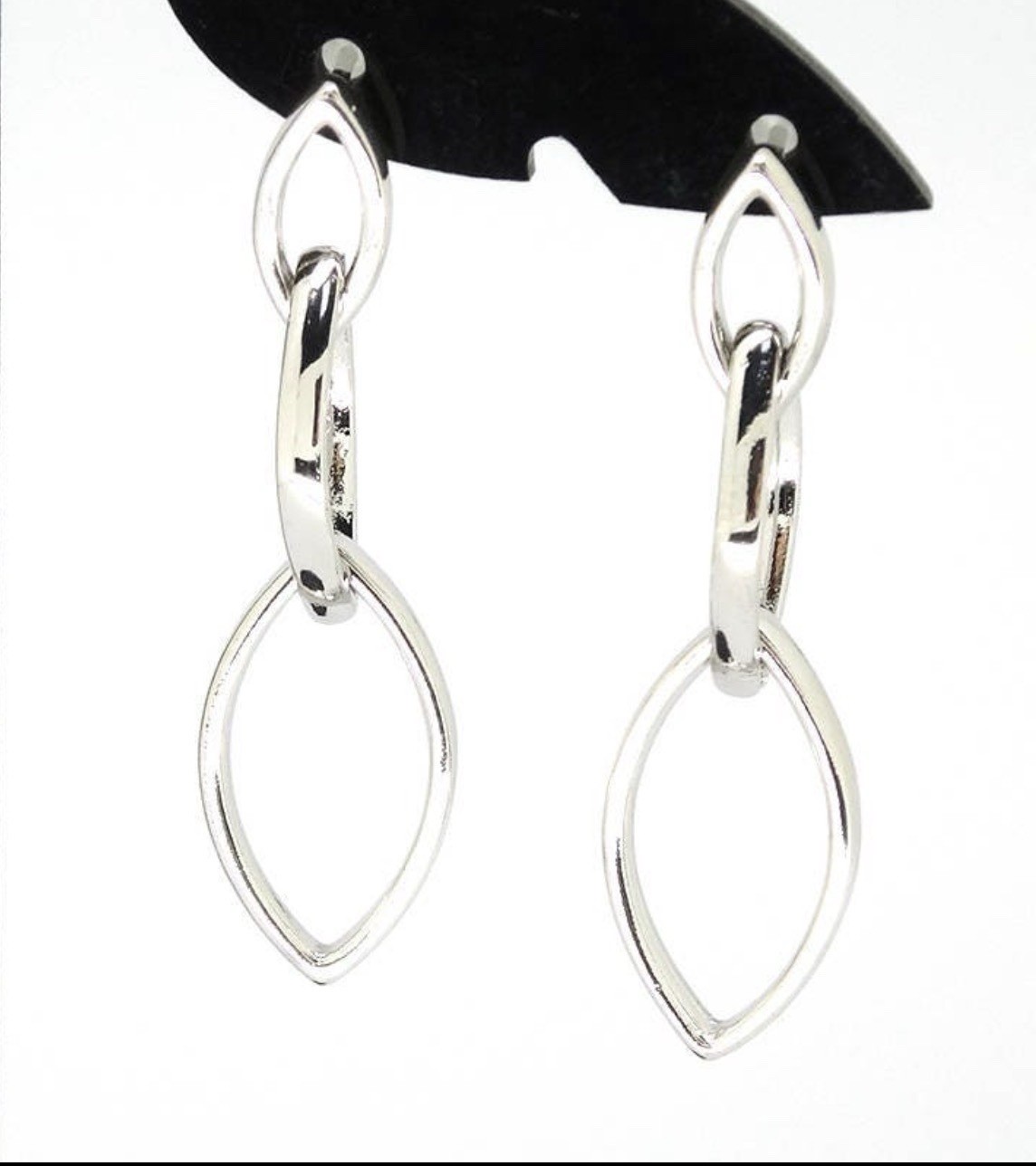 Silver Rhodium Plated Marquise Link Geometric Earrings 925 Sterling Silver Post