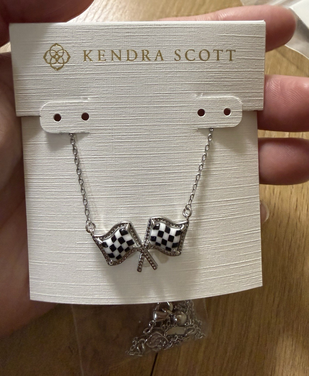 Kendra Scott Silver Tone Checkered Flag Charm Pendant Necklace, Cable Chain