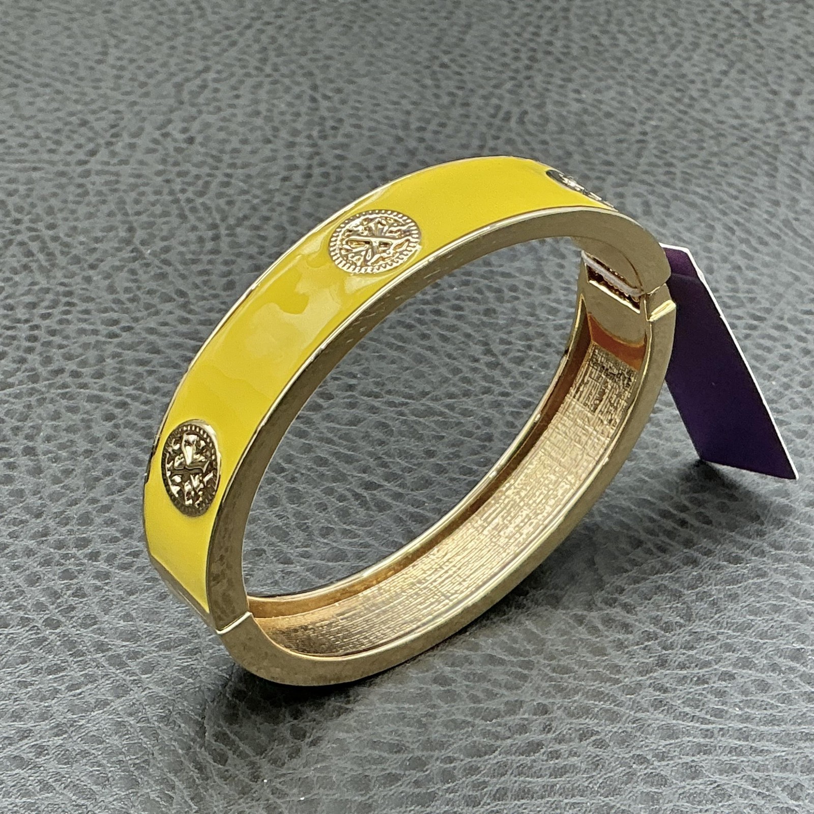 LVK Bracelet Yellow Enamel Bangle Coin Medallion Womens 7 Inch Fashion Jewelry