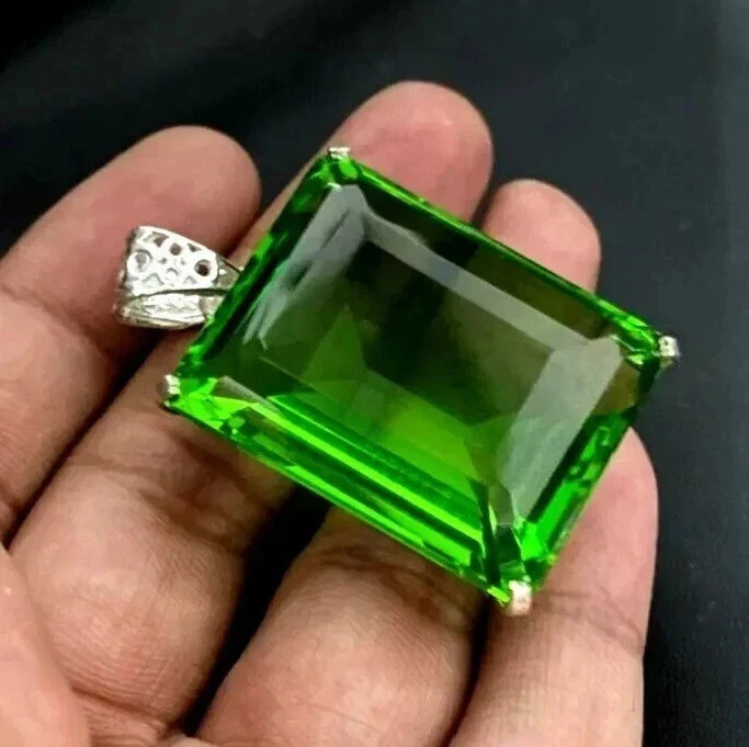 Natural Green Topaz Pendant 925 Solid Silver 120.50 Ct Emerald Cut MR Gemstone A