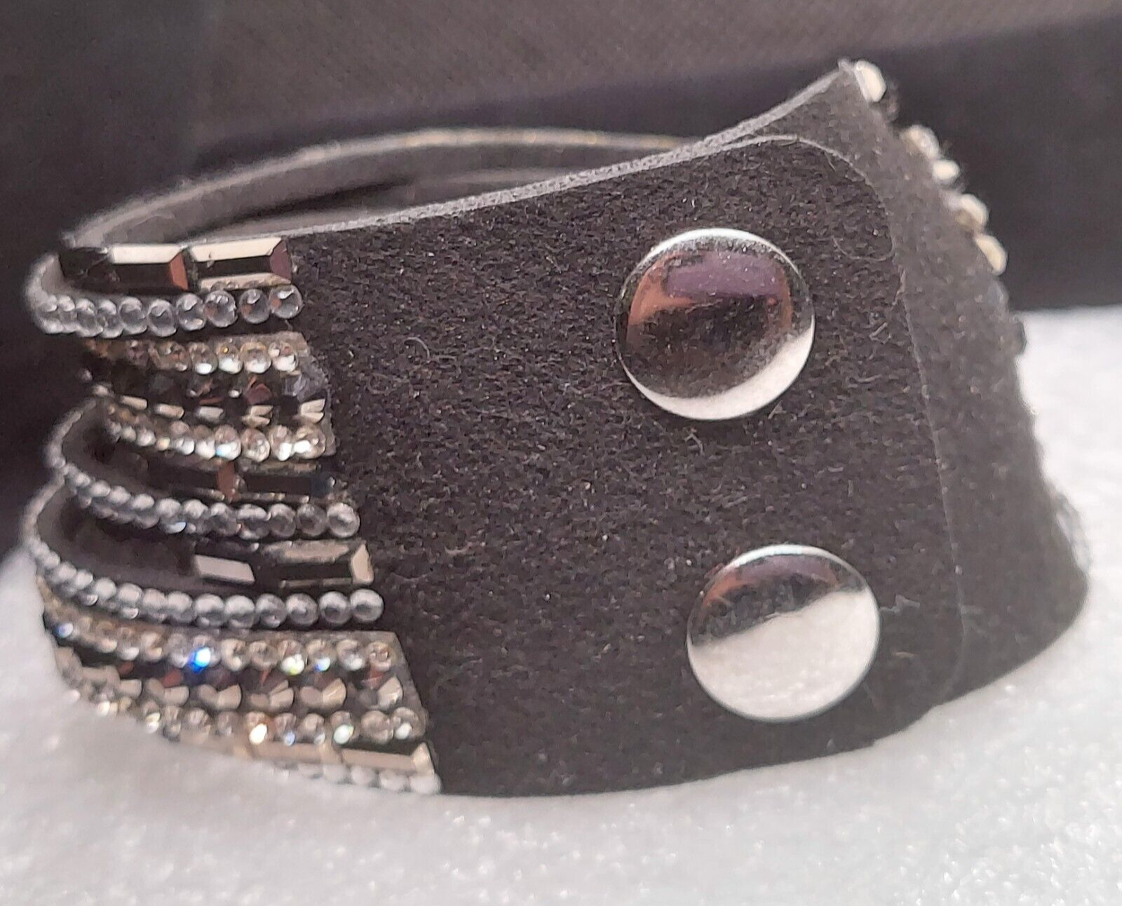 BLINGY Soft Pleather Snap Bracelet Black and Silver Rhinestone 7-8 in