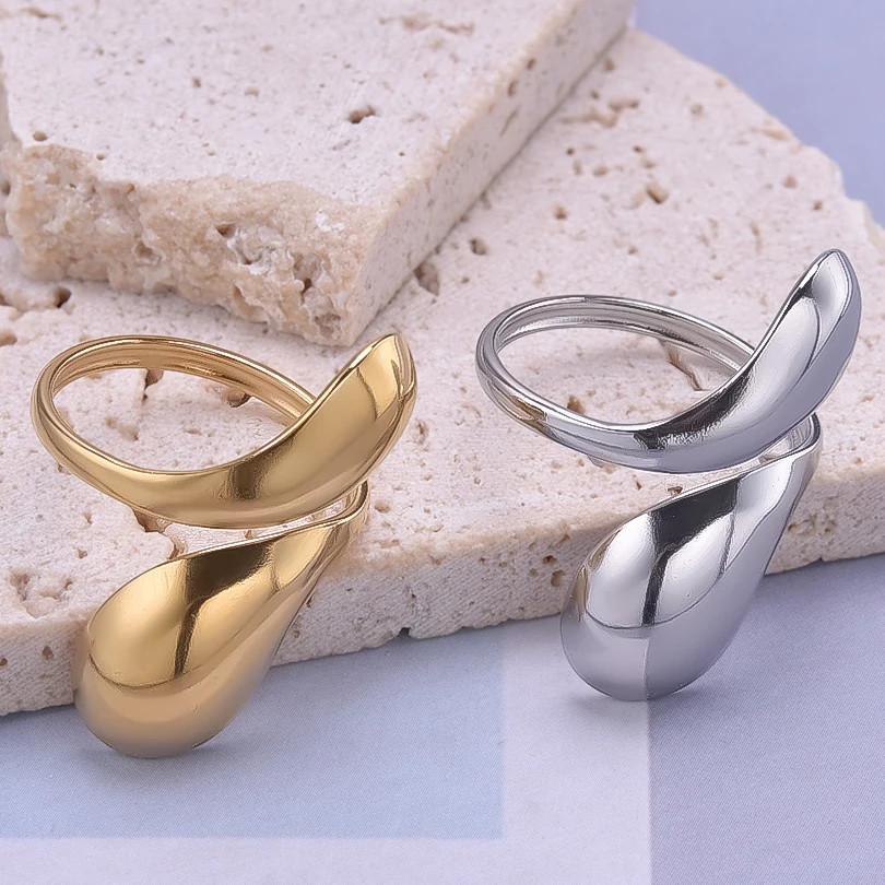 2PCS Stainless Steel Ring Leaf Water Droplet Adjustable Gold Plated Jewelry