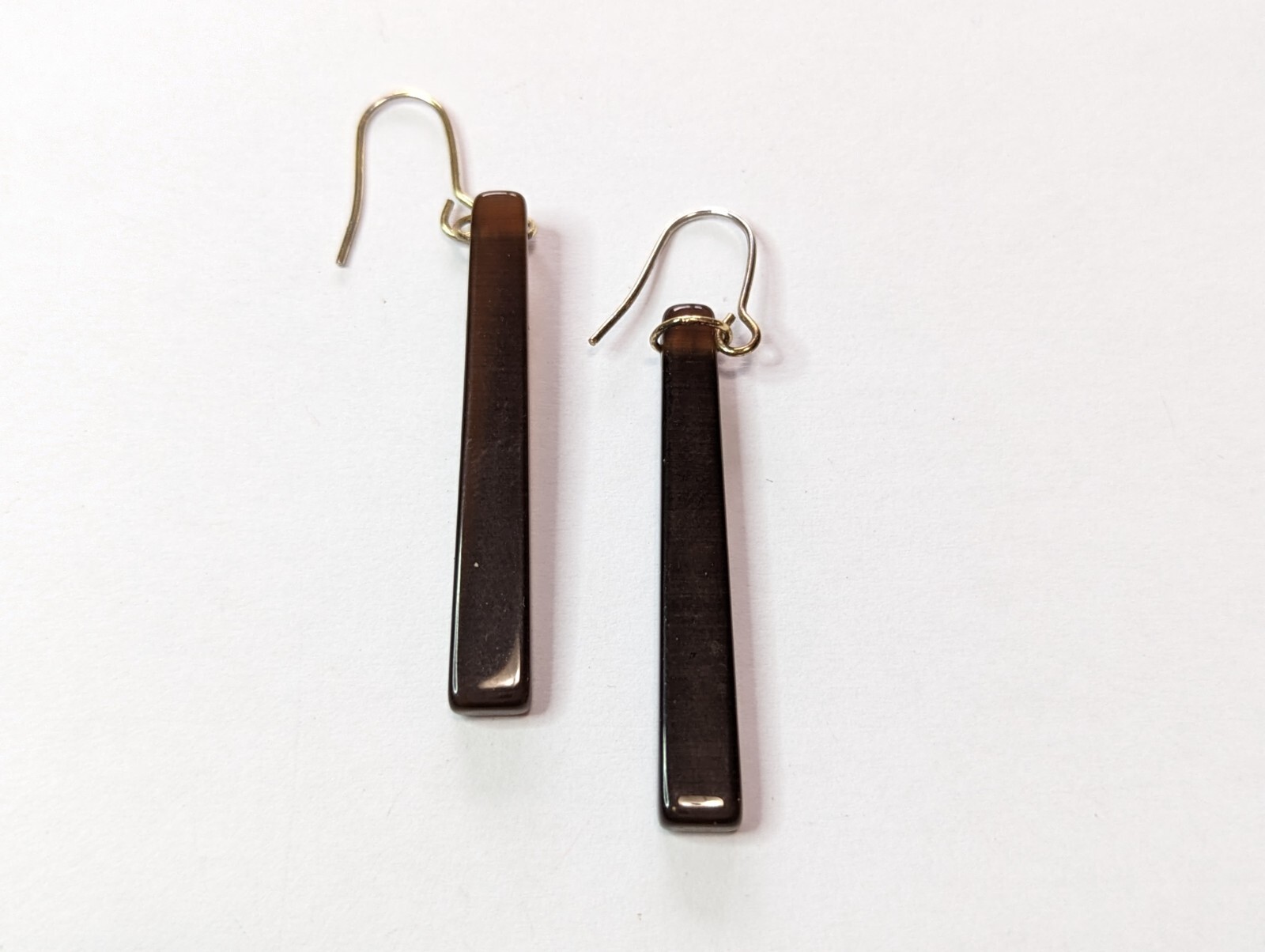 Dark Brown Glass Bar Dangle Drop Earrings 2 1/8″ Long Gold Tone