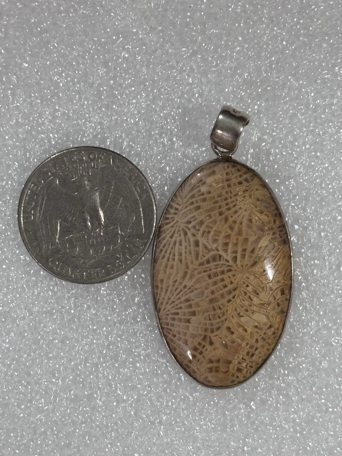 Fossilized Coral Stone Sterling Silver Pendant 925 Tan Orange 8.6g