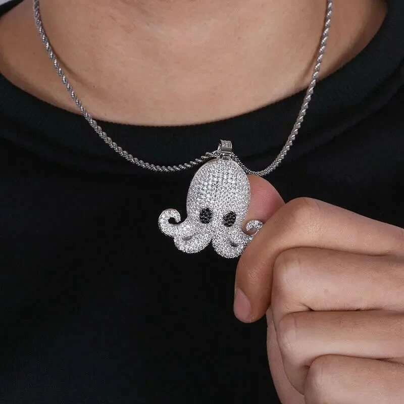 1.77 Ct Round Cut Simulated Diamond Octopus Charm Pendant 14K White Gold Plated