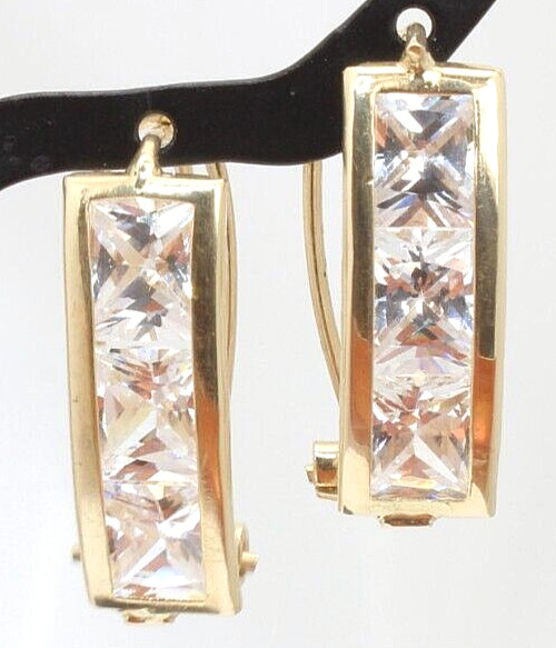 Solid 10k Yellow Gold Princess Cut CZ Curved Dangle Hinged Pieced Earrings