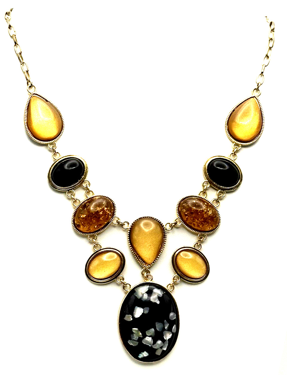 NY New York & Co. 21″ Matte Gold Tone Black, Gold & Amber Statement Necklace