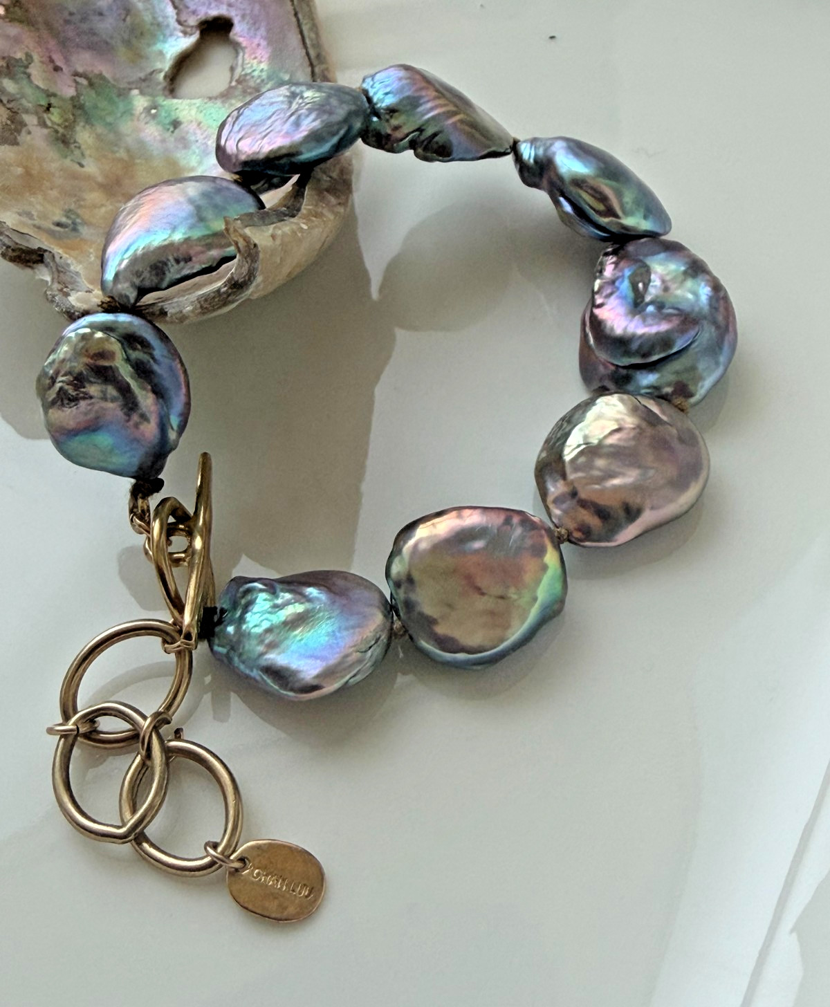 Chan Luu Bracelet Gray Freshwater Pearl Baroque Lustre Coin Gold Chain Boho NWOT