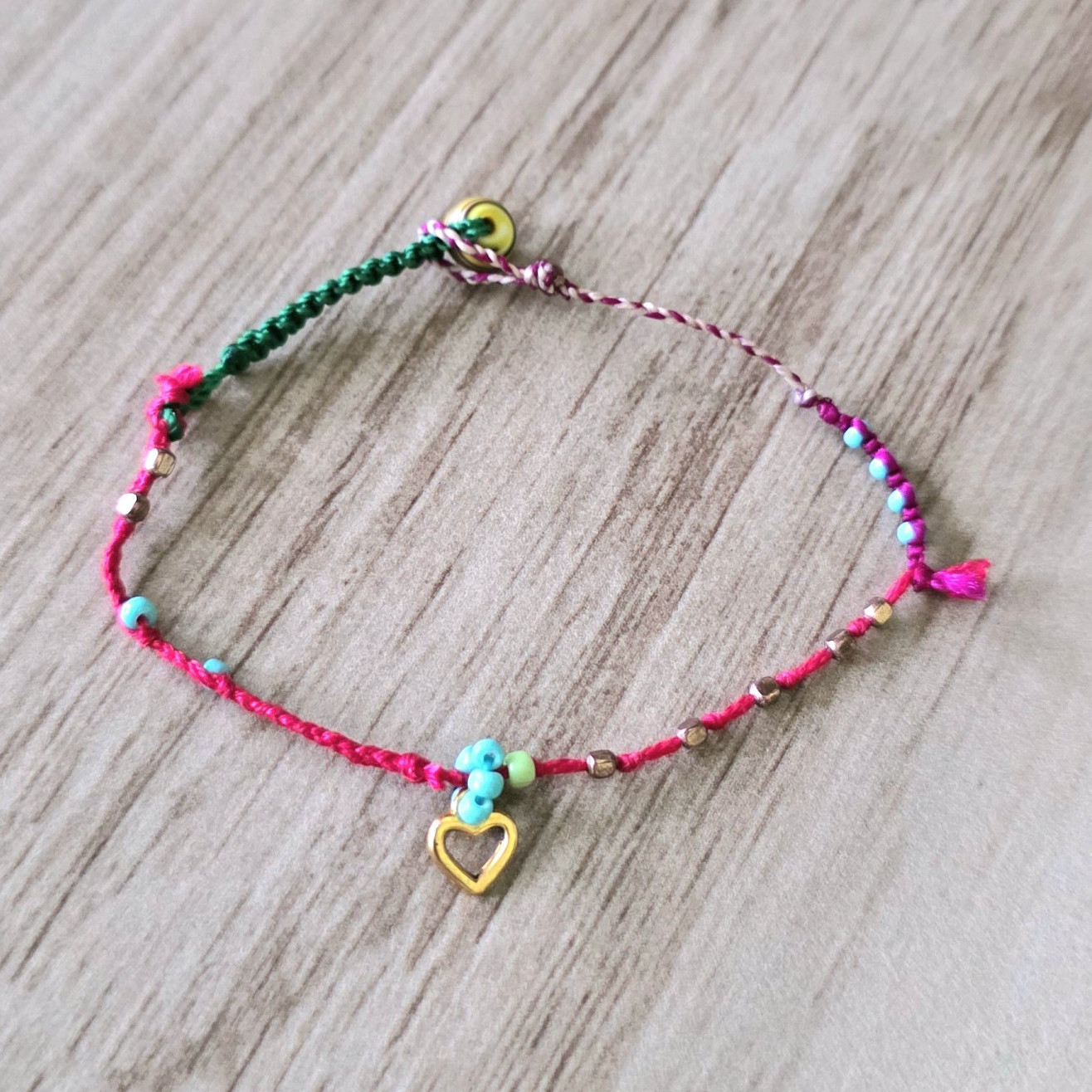 Multicolor Beaded Cord Heart Charm Bracelet Inspired by Chan Luu and Free People