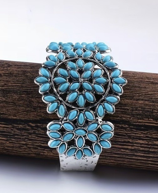 Turquoise Cuff Bracelet Western Boho Silvertone Jewelry Boho