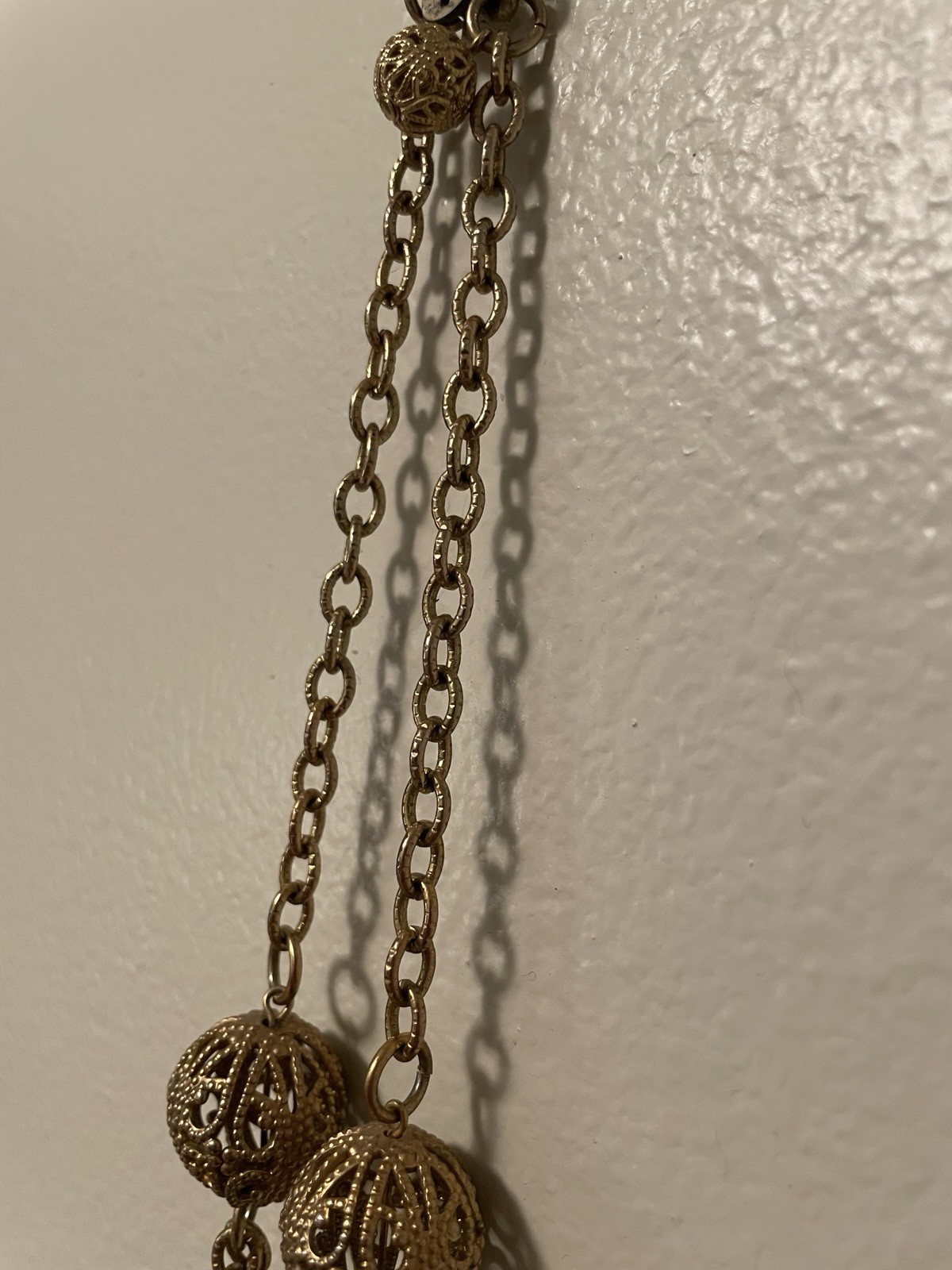 Unique Gold Tone Filigree Medallion Pendant Necklace w Tassel Fringe Boho 24”