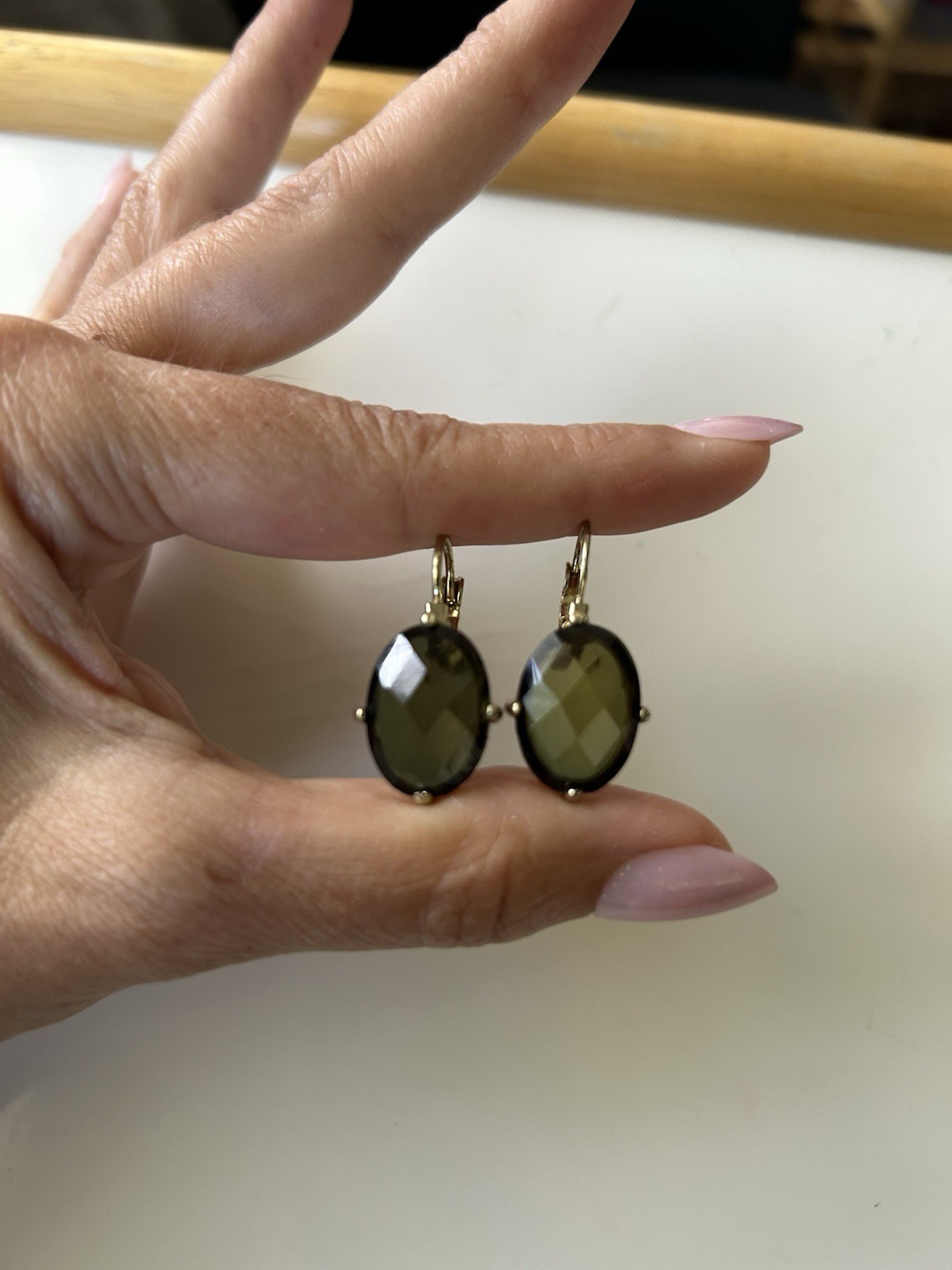 Olive Green Faceted Glass Drop Earrings Gold Tone Leverback Costume Jewelry