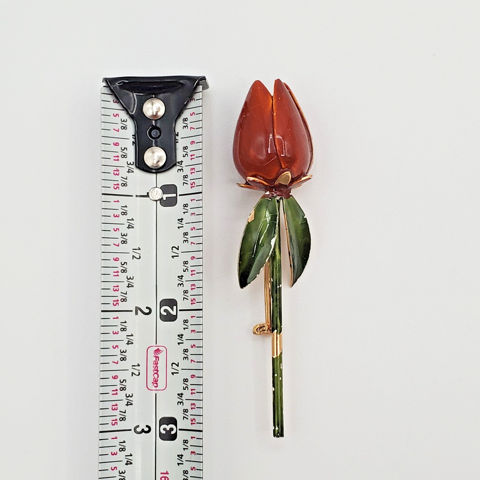 VTG Tulip Brooch 3in Brown Green Enamel Flower Stem Estate Parts Restore FLAW
