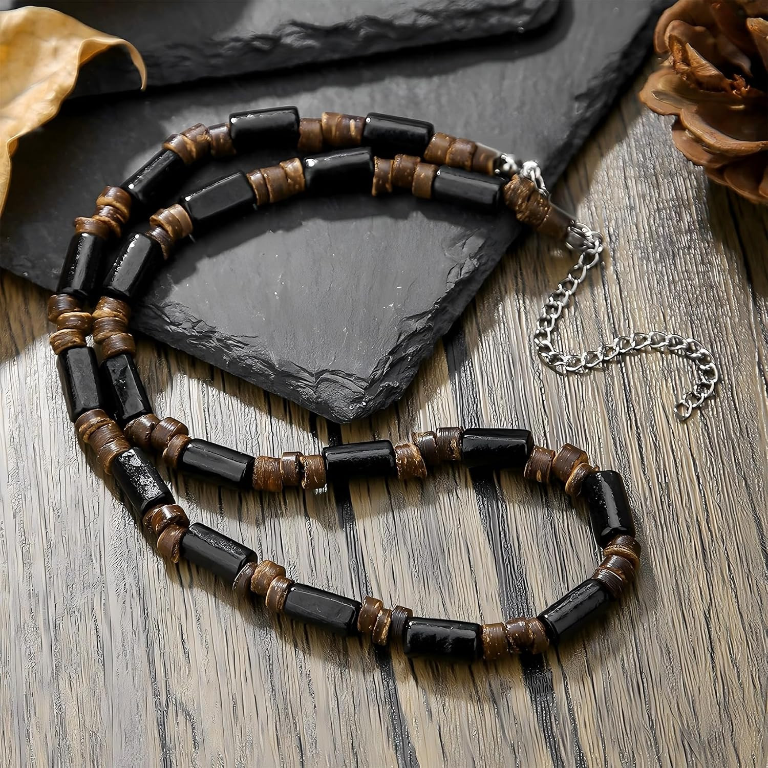 Surfer Necklace for Men Beaded Choker Necklace Puka Shell Necklaces Brown Coconu