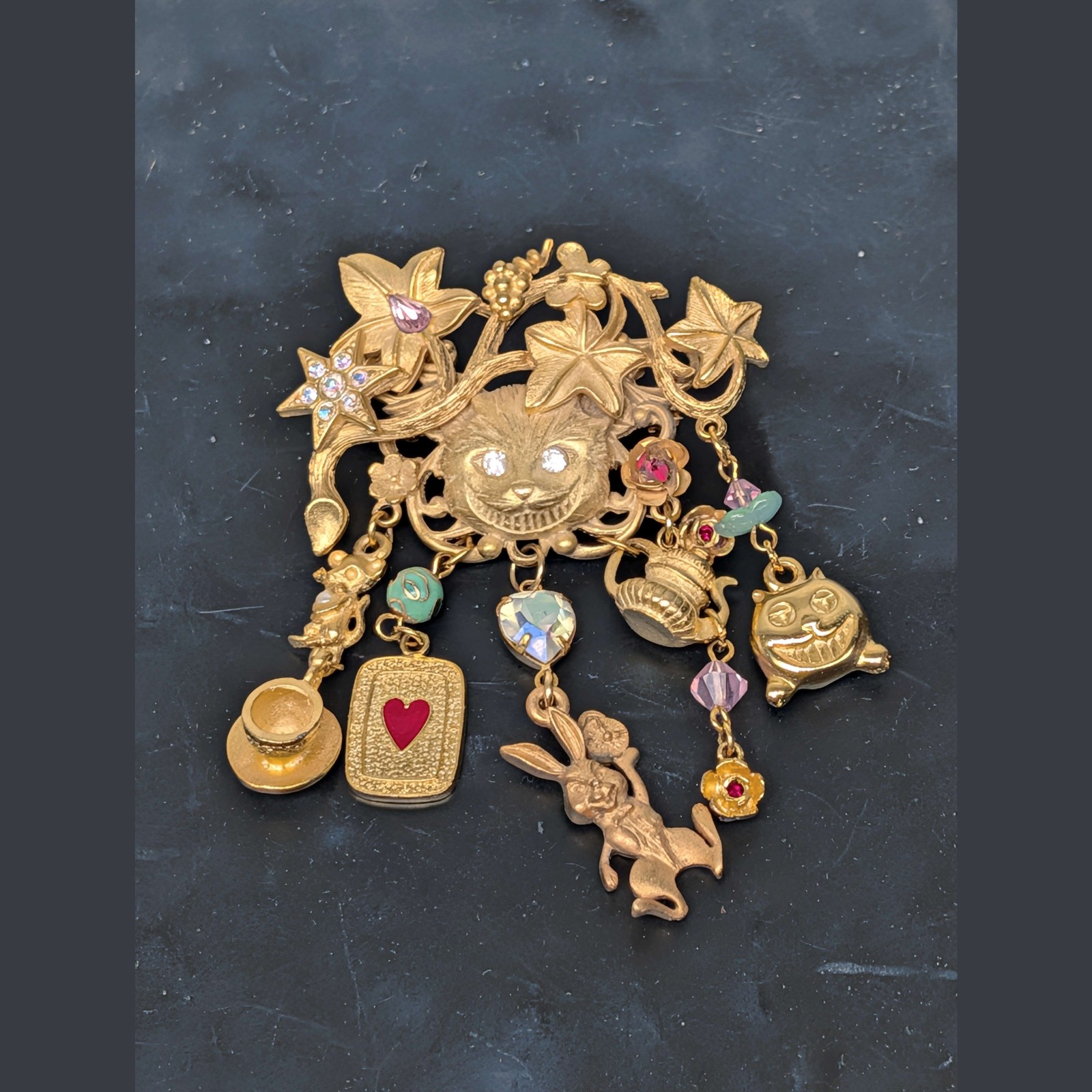 Kirks Folly Alice In Wonderland Cheshire Cat Gold Brooch Pin 6 Charms â­