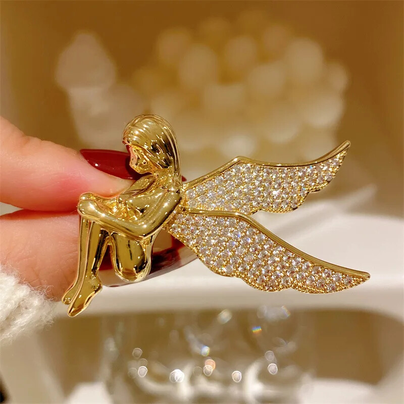 Women Gold Plated Angel Brooch Fashion Rhinestone Pins Jewelry