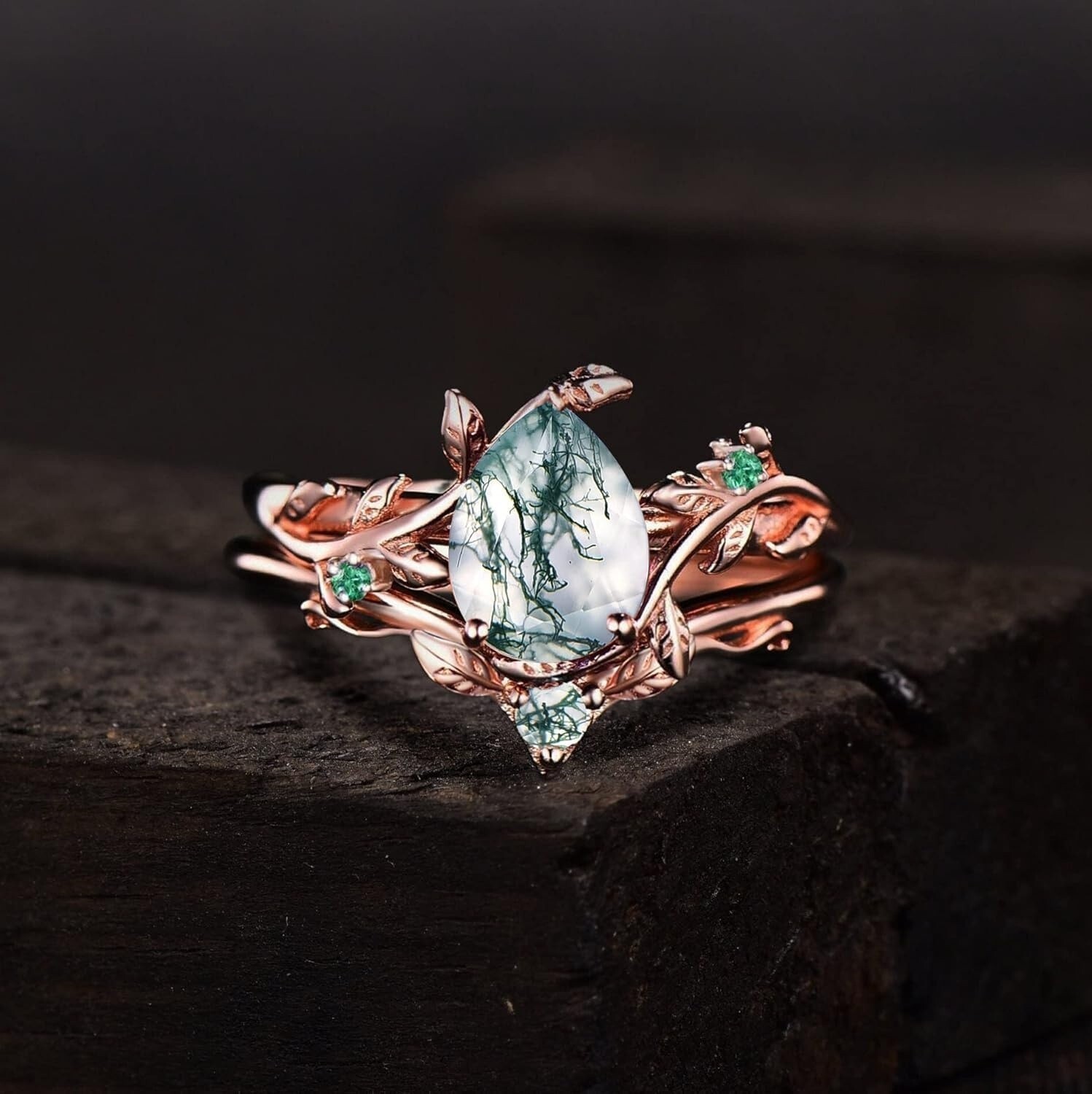 Pear Moss Agate Bridal Engagement Ring Set 925 Sterling Silver Leaf