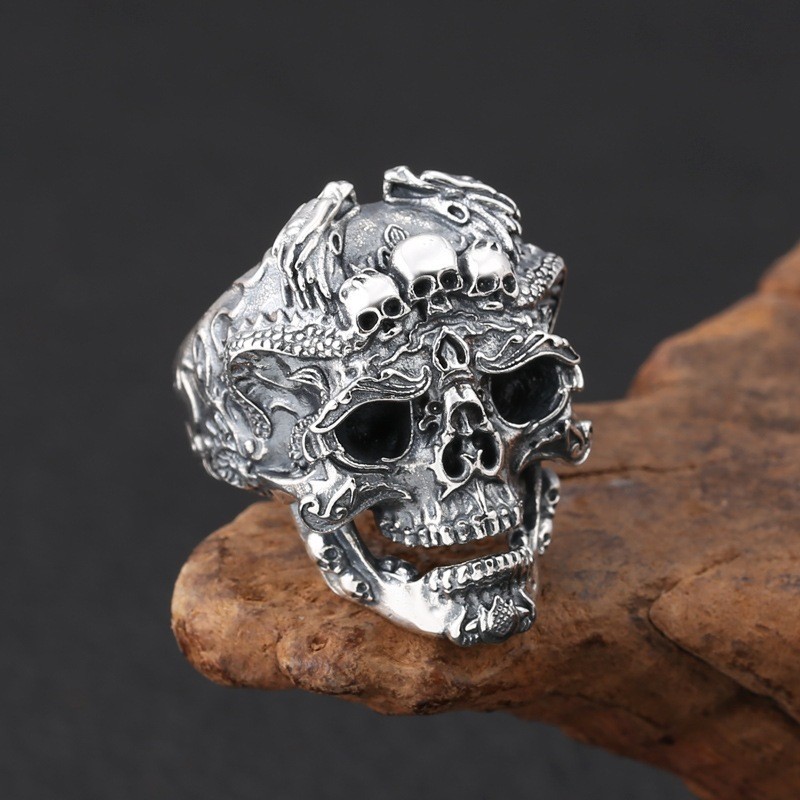 Chunky Gothic Skull Band Ring Tattoo Biker Heavy Metal Adjustable Ring