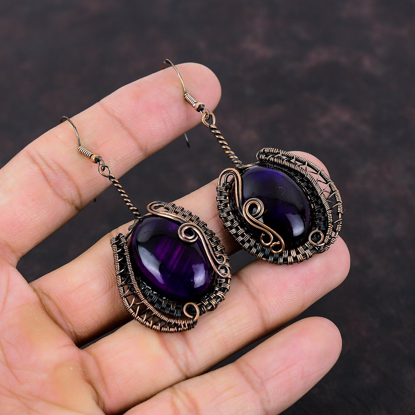 Purple Fire Labradorite Copper Wire Wrapped Drop/Dangle Earrings For Women 2.76″