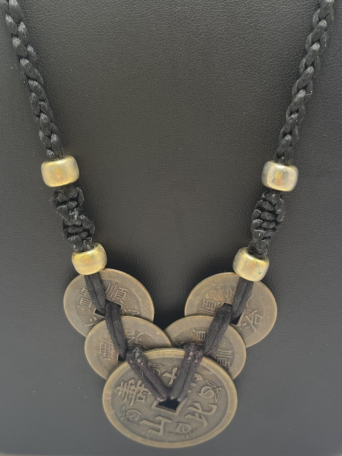 Vintage Unique Brass Round Coin Black Rope Statement 24″ Necklace Unmarked