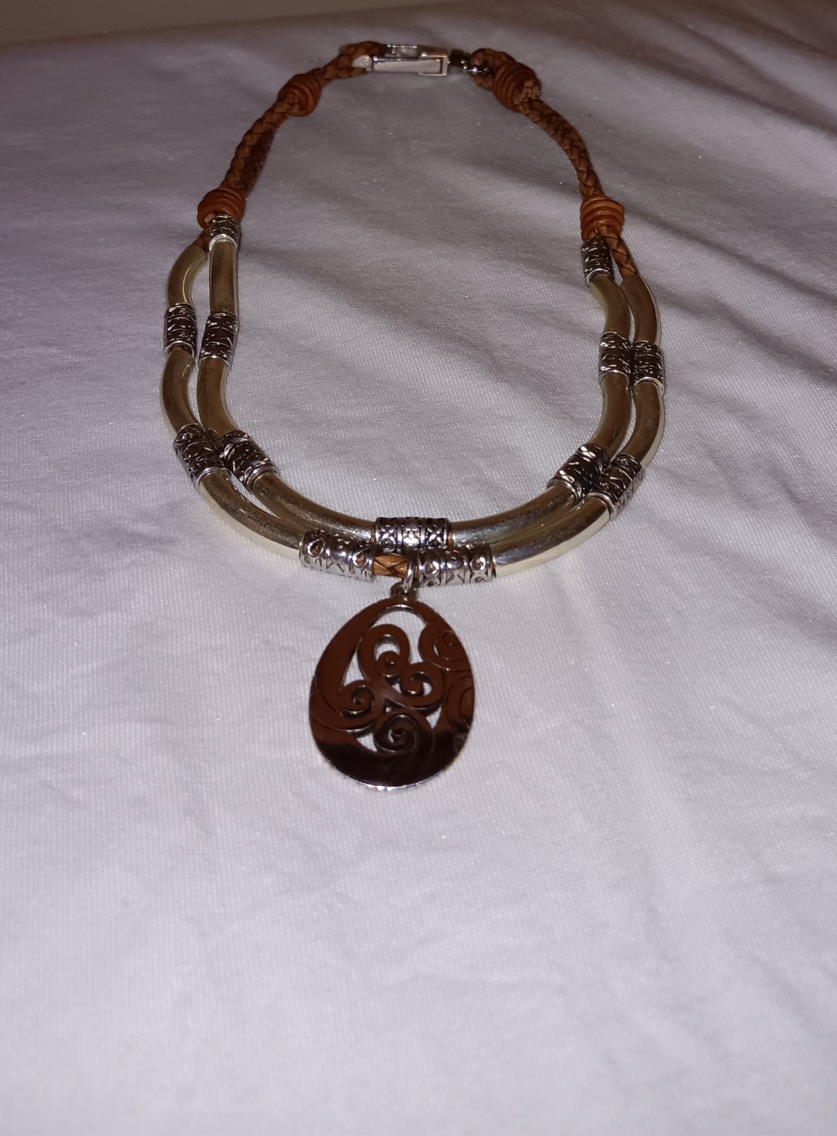 Stainless Steel Silver Beaded Necklace On Brown Braided Faux Leather Cord