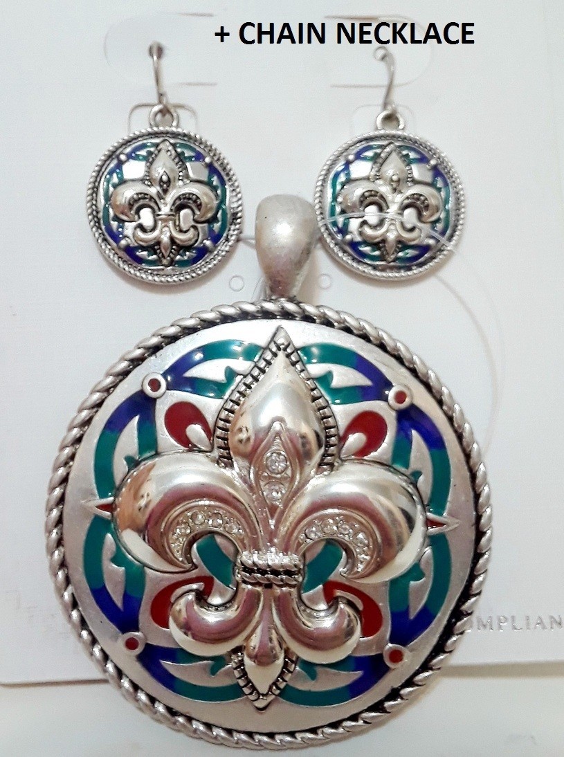 Turquoise Blue Silver Metal Round Pendant + Chain Necklace Earrings Fleur De Lis
