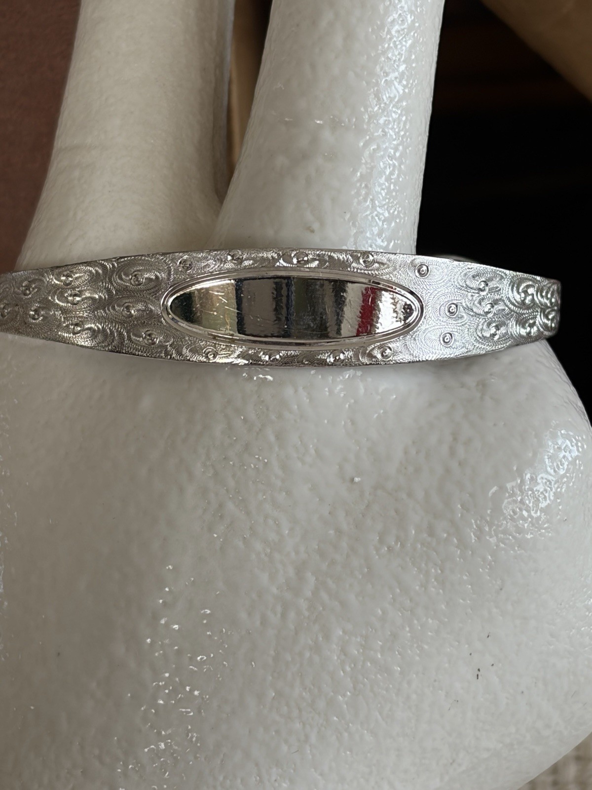 Silver Plated Cuff Bracelet With Dangling Heart Charm 2 Inch Across Opening
