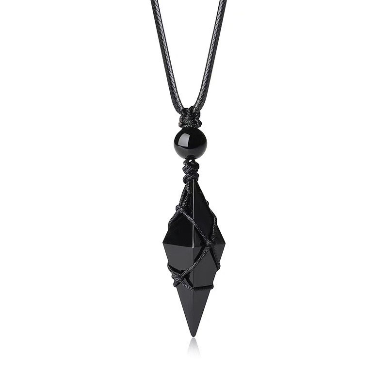 Natural black obsidian crystal rhombus necklace pendant Healing Reiki chain