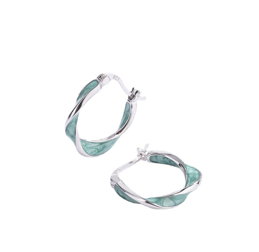 S925 Sterling Silver Twist Enamel Ribbon Click Top Hoop Pierced Earrings Box A28