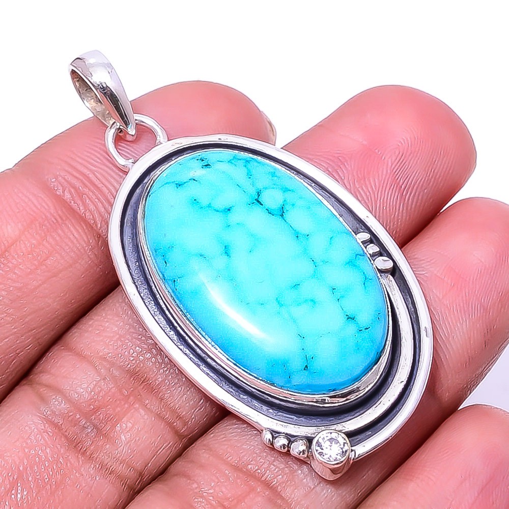 Magnesite Turquoise & White Topaz Oxidised 925 Sterling Silver Pendant 1.95″ P31
