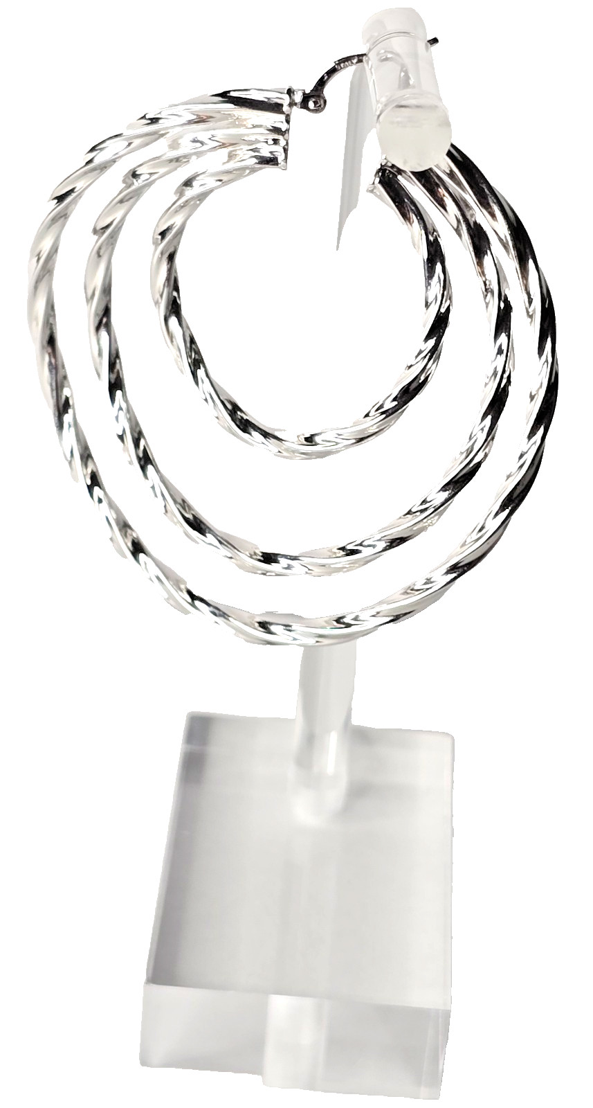 Hoops Earrings Bold Platinum Plated Wavy Twisted Triple Circles, Hinged Closures