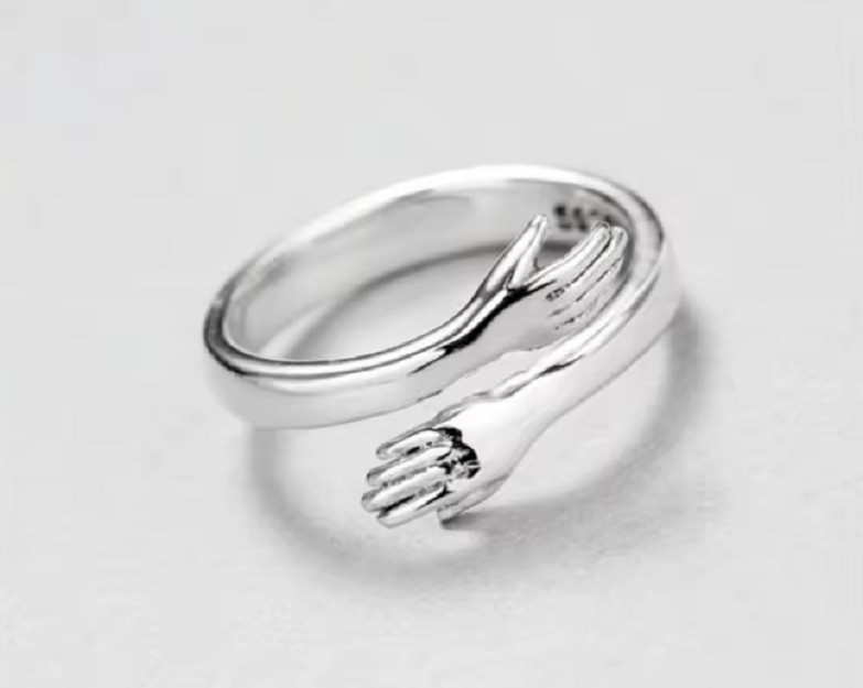 Silver 925 HUGGING HANDS Adjustable Ring One Size